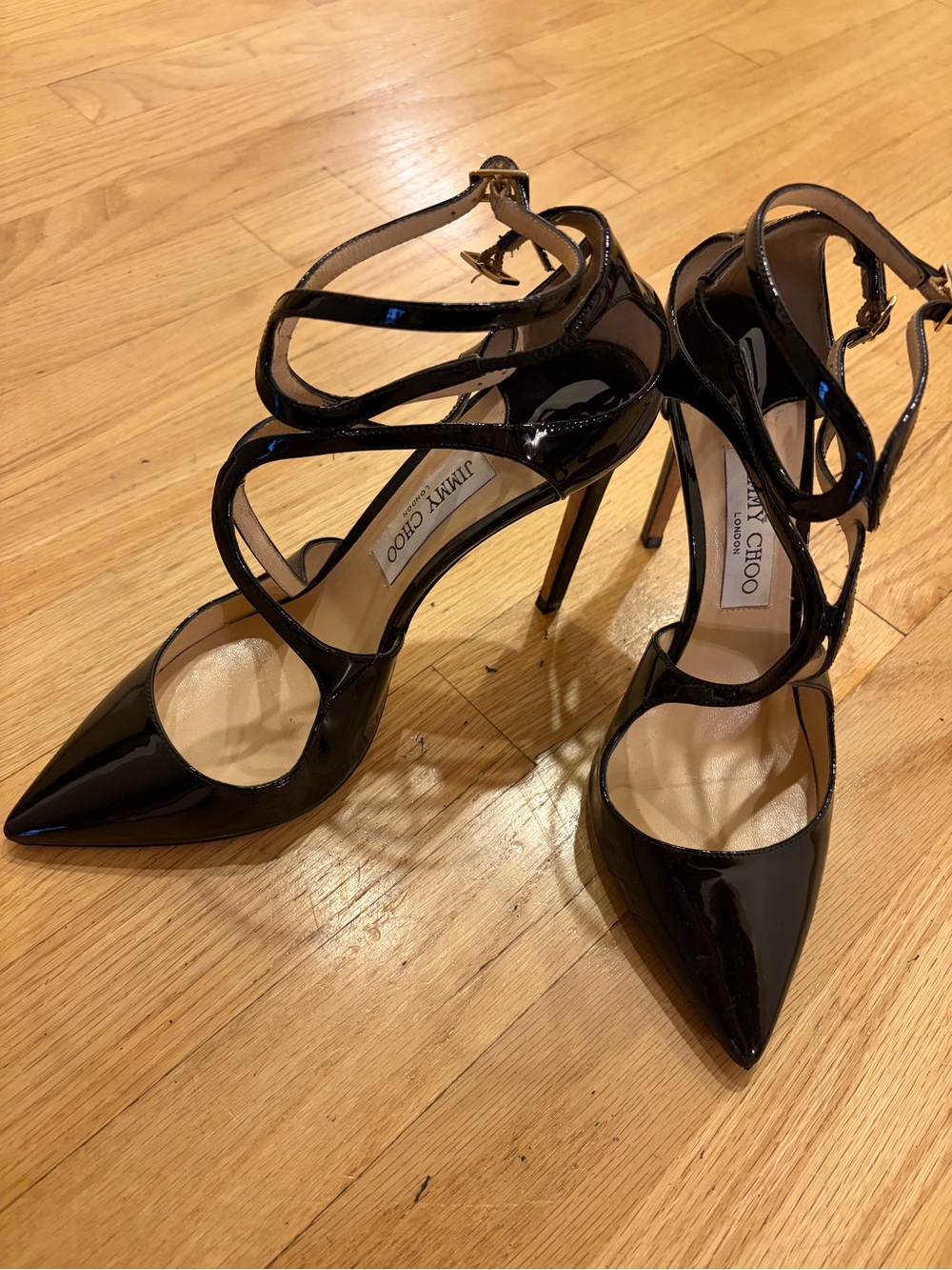 Jimmy Choo Black Patent Leather Strappy Pointed Toe Stilettos